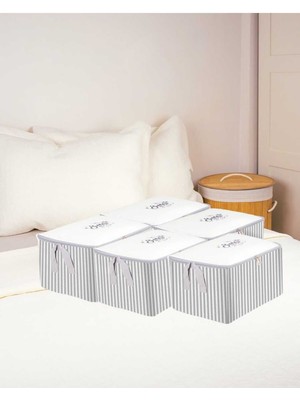 About The Perfect 5'li Küçük Boy Beyaz Gri Çizgili Baza Altı Çoraplık Hurç 30X22X18