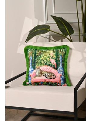 Kadife Kırlent Kılıfı, Çita Desenli, Saçak Detaylı, Renkli, Şık ve Modern Dekorasyon