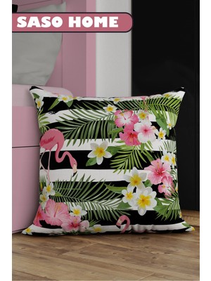 Siyah-Pembe Flamingo Desenli Dekoratif Yastık Kılıfı, Şık ve Renkli Ev Dekoru