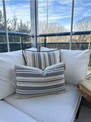 2’li Keten Kırlent Seti, Püskül Detaylı, Gri ve Ekru Renkli, Şık ve Rahat Dekor.