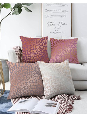 4'lü Çift Taraflı Renkli Zemin Üzerinde Gold Detaylı Modern Raşel Örme Kırlent Seti