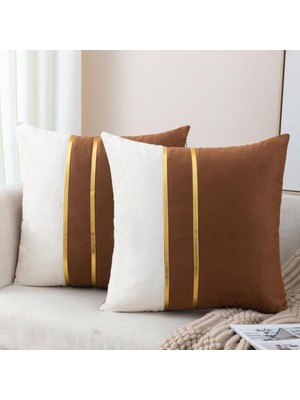 2'li Kahverengi Kadife Görünümlü Deri Şeritli Kırlent Kılıfı Seti