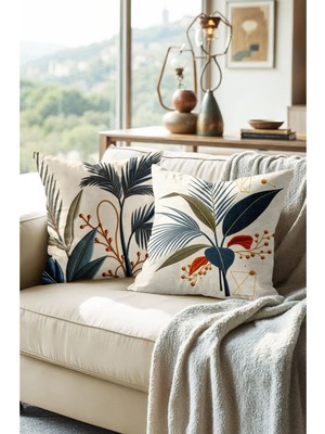 Desenli Çift Taraflı Bej Kırlent Kılıfı, Gizli Fermorlu, Dijital Baskılı, Nakış Detaylı