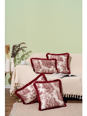 Bordo Püsküllü Ingiliz Köylüler Desenli 4'lü Dekoratif Kırlent Kılıfı Takımı