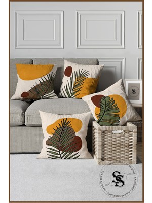 Bal Sarısı ve Yeşil Palm Desenli 4'lü Dekoratif Yastık Kılıfı