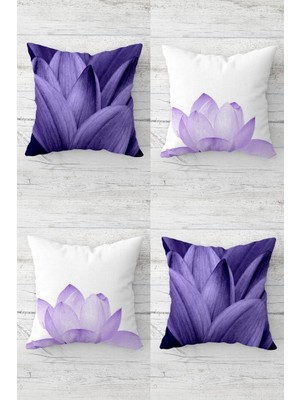 Mor-Lila-Beyaz Çiçekli Gizli Fermuarlı Kırlent Kılıfı Takım (4 Adet)