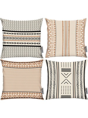 Etnik 4'lü Kırlent Kılıfı, Krem Siyah Tarçın Renkli ve Şık Tasarım