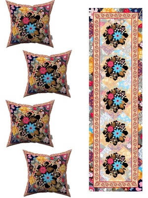 Turuncu ve Siyah Etnik Çiçek Desenli 4'lü Kırlent Kılıfı ve Runner Seti