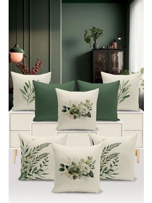 Yeşil Vintage Çift Taraflı Dijital Baskılı 8'li Kırlent Kılıf Seti