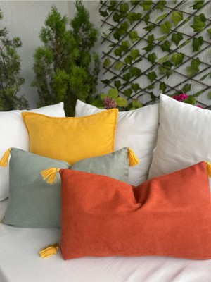 Püsküllü 3'lü Kırlent Kılıfı Seti Kiremit Yeşil Sarı Vintage