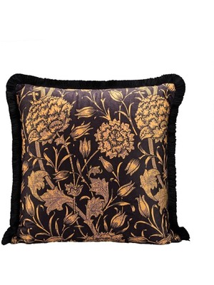 Kadife Kırlent Kılıfı, 43X43 Cm, Sarı Siyah, Dekoratif, Saçaklı, Yumuşak, Salon Için