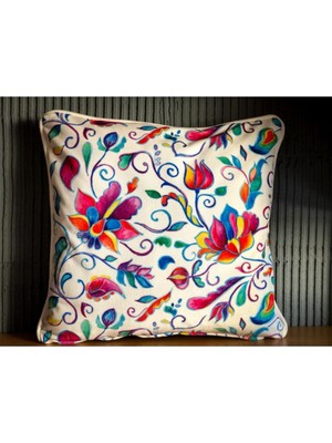 Renkli Kadife Çiçek Desenli Çift Taraflı 43X43CM Kırlent Kılıfı