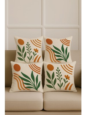 Turuncu 4'lü Yaprak Desenli Modern Kırlent Kılıfı Seti