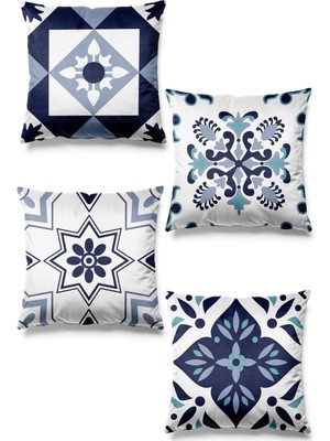 Mavi Seramik Desenli 4'lü Süet Kırlent Kılıfı, Şık ve Çift Taraflı Tasarım