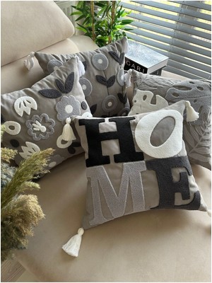 Nakışlı 4'lü Kırlent Kılıfı, Gri, Beyaz, Füme, Siyah Renk Seçenekleri