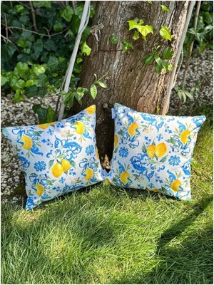 Limon ve Çini Desenli Kırlent Kılıfı Çift Set, Renkli ve Şık Dekorasyon Parçası