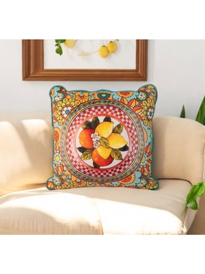 Çift Taraflı Sarı ve Turkuaz Desenli Dekoratif Kırlent Kılıfı 43X43