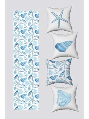 Mavi Beyaz Marin Desenli 4'lü Kırlent ve Runner Seti, Şıklık ve Şıklık Için Ideal