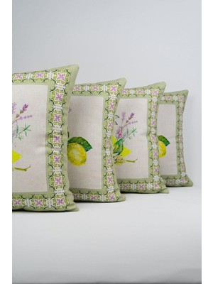 Çift Taraflı Yeşil Krem Limon Desenli Dijital Baskılı Kırlent Kılıf Seti