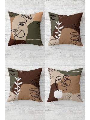 Yüz Desenli Gizli Fermuarlı Kırlent Kılıfı Takımı, Kahverengi-Bej, 4 Adet