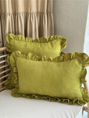 Yağ Yeşili Fırfırlı Vintage Kırlent Kılıfı, Şık ve Renkli Dekorasyon Parçası