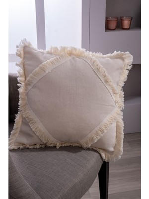 Ekru Ham Keten Ortası Ponponlu Püsküllü Kırlent Kılıfı 43X43 cm
