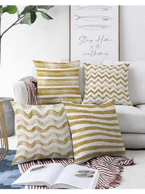 4'lü Çift Taraflı Beyaz Zeminli Gold Detaylı Geometrik Desenli Modern Kırlent Kılıf Seti