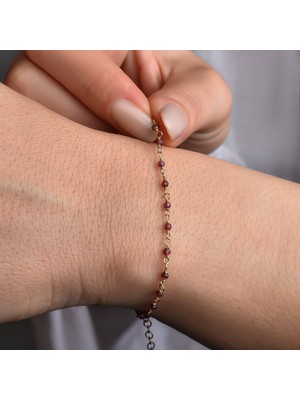 14 Ayar Altın Kaplama Garnet Kırmızı Renkli Doğal Taş El Yapımı Gümüş Bileklik - CBS00128