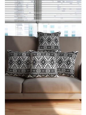 Modern Siyah Beyaz Kilim Desenli 4'lü Kırlent Kılıfı Takımı