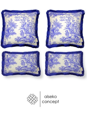 Püsküllü Mavi Dekoratif Set, 2 Adet 43X43CM ve 2 Adet 30X50CM Kırlent Kılıfı