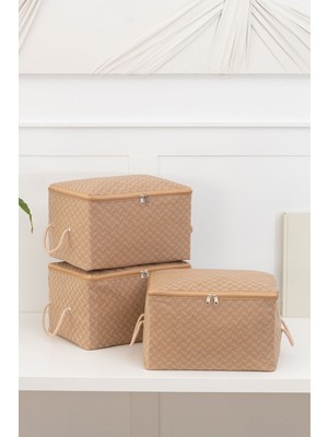 About The Perfect 3'lü Balıksırtı Desenli Bej Küçük Boy Baza Altı ve Valiz Düzenleyici Hurç