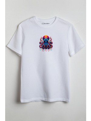 Merch&ice Renkli Ahtapot Baskılı Unisex T-Shirt Beyaz