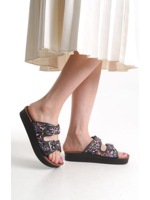 Kadın Doğal Taşlı Siyah Çift Tokalı Deniz Taşlı Ortopedik Poli Taban Terlik