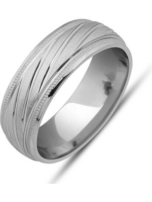 Inure Jewelry Gümüş Kalemli Çizgi Desenli Rodyum Alyans