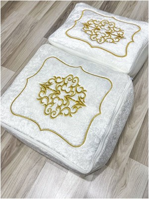About The Perfect Kadife Altın Işlemeli 2'li Krem Bohça Seti, Nişan ve Düğün Için Şık Hediye