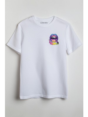 Merch&ice Sigara Renkli Dudak Baskılı Unisex T-Shirt Beyaz