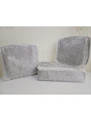About The Perfect Gri Kadife 3'lü Süngerli Çeyizlik Fransız Güpürlü Hurç Seti