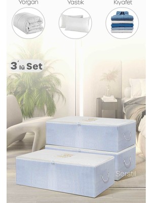 About The Perfect 3 Adet Büyük Boy Mavi Çizgili Baza Altı Hurç 62X46X22 cm