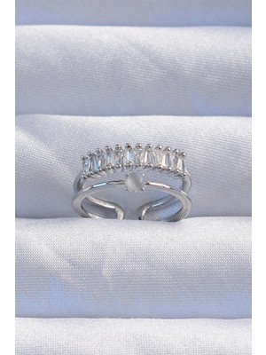 Pirinç Gümüş Renk Sedefli Zirkon Taşlı Su Yolu Model 2li Görünüm Ayarlanabilir Yüzük