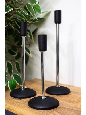 3'lü Düz Ayak Paslanmaz Siyah Gümüş Şamdan Mumluk Dekoratif Uzun Ayak