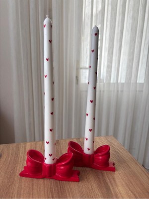 Kırmızı Şamdan Seti, Kalpli Soya Mumları ve Amber Kokusu ile Şıklık