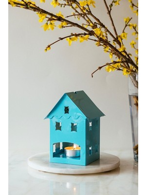 Turkuaz Renkli Ev Temalı Dekoratif Mumluk, Şık ve Zarif Tasarım