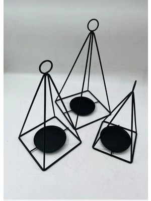 Şık 3'lü Siyah Metal Piramit Mumluk Seti, Zarif Dekorasyon Parçası