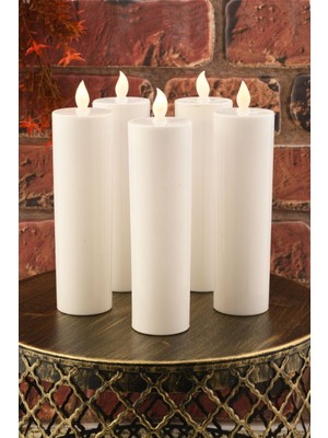 5'li Pilli LED Silindir Mum, 20 Cm, Beyaz Renk, Parlak ve Şık Aydınlatma Seti