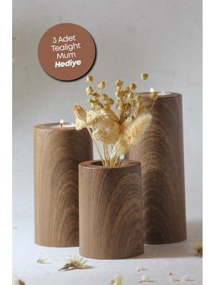 3'lü Ahşap Kaplama Mumluk Seti, Dekoratif ve Şık Tealight Yüzeyi