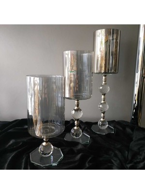 Füme Cam 3'lü Salon Şamdan ve Mumluk Seti