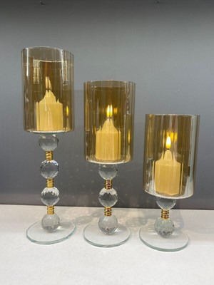 Şık Kristal Cam Üçlü Boru Şamdan, Altın Renkli Dekoratif Aksesuar