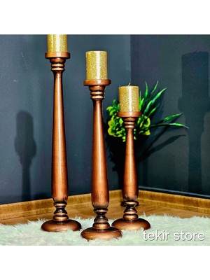Ahşap 3lü Büyük Boy Dekoratif Şamdan 40-60CM Antik Bakır Rengi