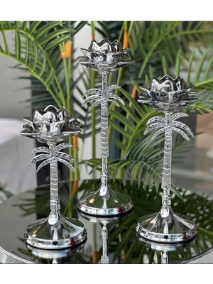 Gümüş Renk Palmiye Şamdan, Paslanmaz Kaplama, Ev Dekorasyonu, Şık ve Modern Tasarım