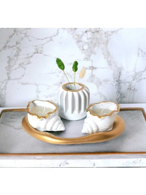 Şık Deniz Kabuklu Dekoratif Mumluk ve Biblo Seti, Altın ve Beyaz Renk Seçenekleri